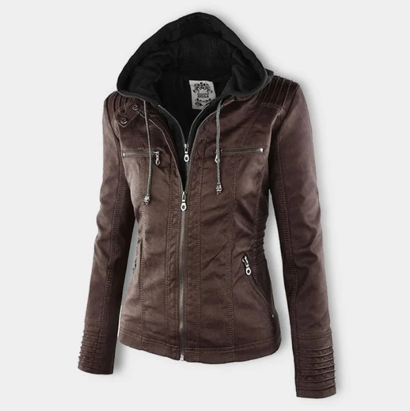 Hooded zip-up jacket in dark brown with adjustable drawstrings and front pockets