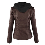 Dark brown hooded jacket back view with stitched paneling and long sleeves