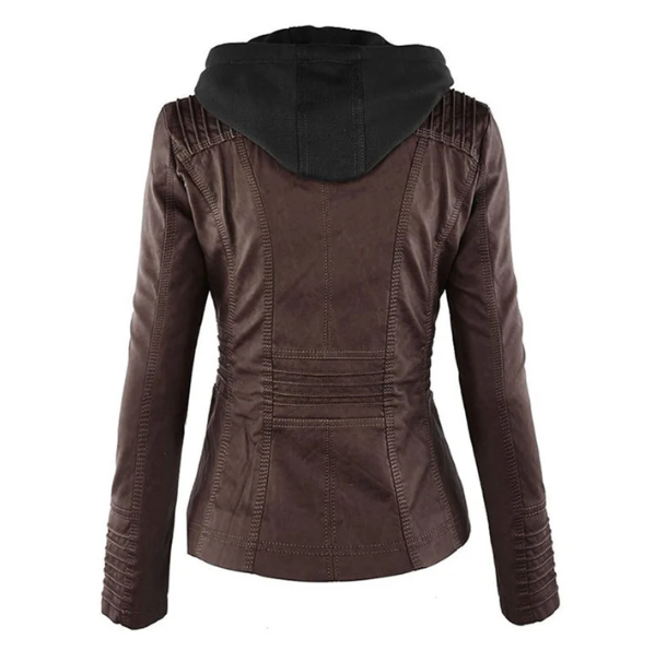 Dark brown hooded jacket back view with stitched paneling and long sleeves