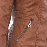 Close-up of brown jacket side zipper pocket with metal pull and stitched detailing