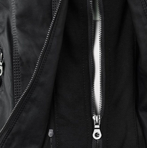 Charlotte™ comfortable jacket close-up with dark full-zip and silver zipper pull