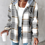 Rosanna cozy jacket in light gray plaid with hood, button front, and long sleeves