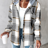 Rosanna cozy jacket in light gray plaid with hood, button front, and long sleeves