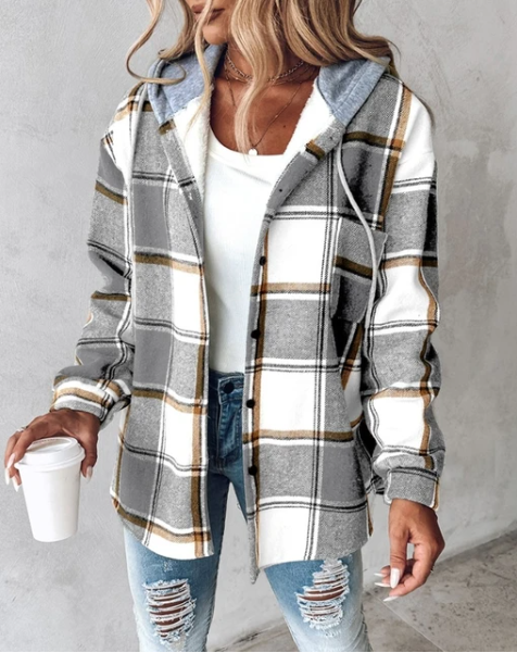 Rosanna cozy jacket in light gray plaid with hood, button front, and long sleeves