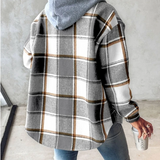 Rosanna cozy jacket in gray plaid with hood, button front, and long sleeves