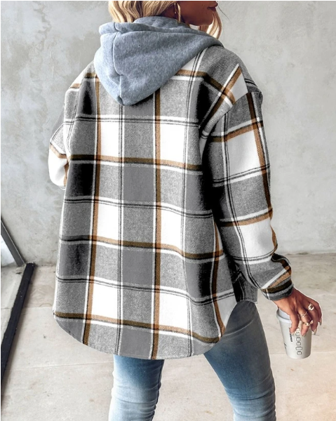 Rosanna cozy jacket in gray plaid with hood, button front, and long sleeves