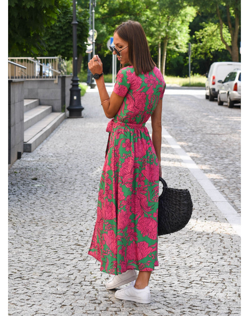 Comfy maxi dress, pink/green floral, V-neck, tie waist, side-front slit