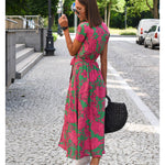Comfy maxi dress, pink/green floral, V-neck, tie waist, side-front slit