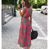 Comfy maxi dress, pink/green floral, V-neck, tie waist, side-front slit