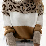 Leopard colorblock pullover sweater with cream, dark brown, and tan panels
