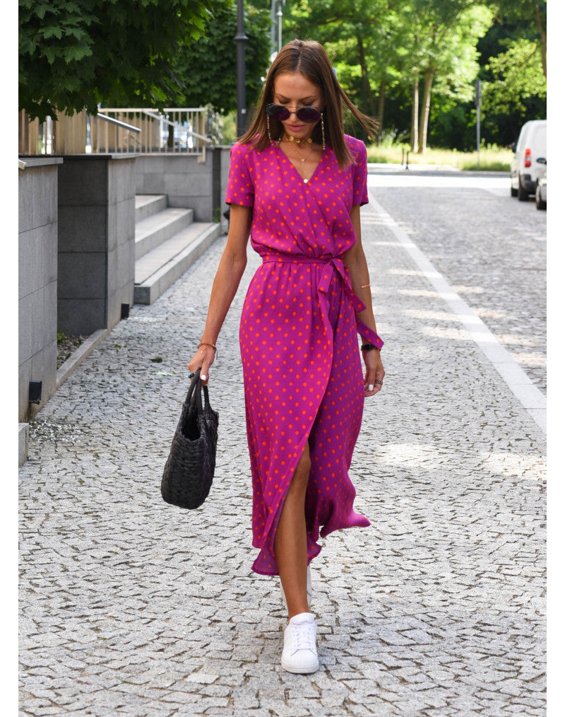 Comfy maxi dress, pink/blue-red floral, V-neck, tie waist, front slit