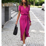 Comfy maxi dress, pink/blue-red floral, V-neck, tie waist, front slit