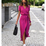 Comfy maxi dress, pink/blue-red floral, V-neck, tie waist, front slit
