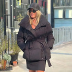 Black feather-soft down jacket with hood, button front, and tied waist belt