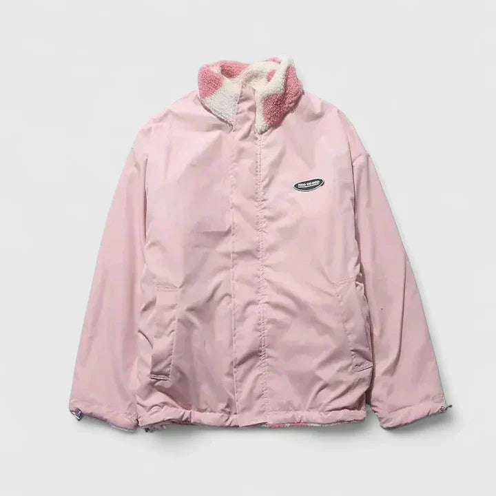 Pink lightweight windbreaker jacket with stand collar and front zipper