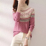 Pink cable-knit pullover sweater with fair isle yoke and ribbed mock neck