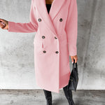 Pink double-breasted overcoat with notch lapels, long sleeves, and buttoned front closure
