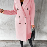 Pink double-breasted overcoat with notch lapels, long sleeves, and buttoned front closure