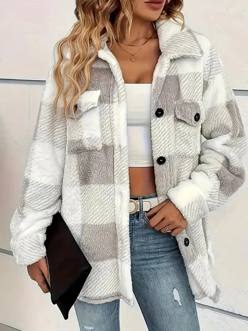 Cream-and-gray plaid fleece shacket with button front and two chest flap pockets