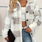 Cream-and-gray plaid fleece shacket with button front and two chest flap pockets
