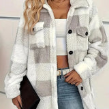 Cream-and-gray plaid fleece shacket with button front and two chest flap pockets