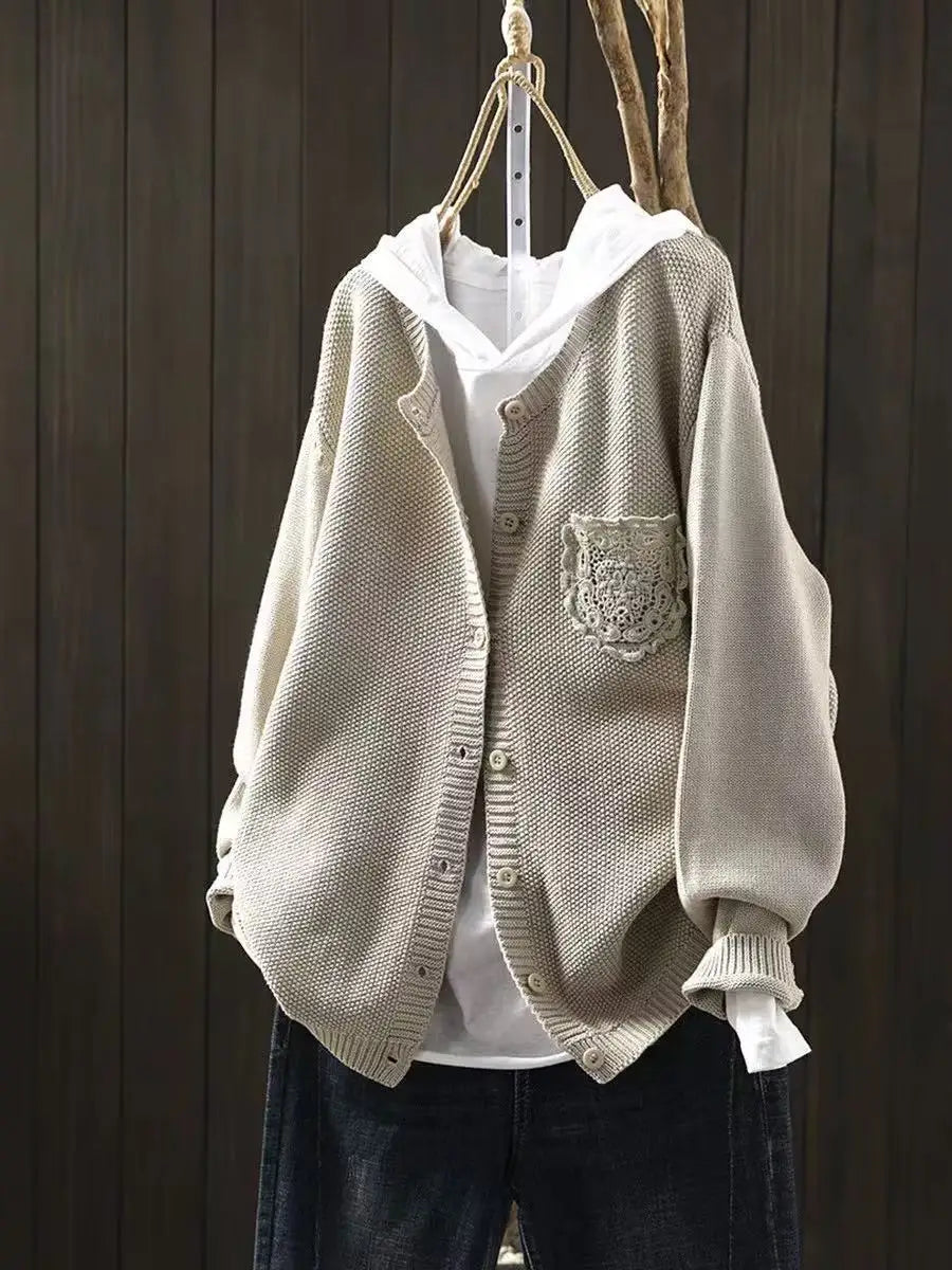 Der Ansley cozy cardigan, beige textured knit, button front, cowl hood, patch chest pocket