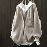 Der Ansley cozy cardigan, beige textured knit, button front, cowl hood, patch chest pocket