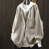 Der Ansley cozy cardigan, beige textured knit, button front, cowl hood, patch chest pocket