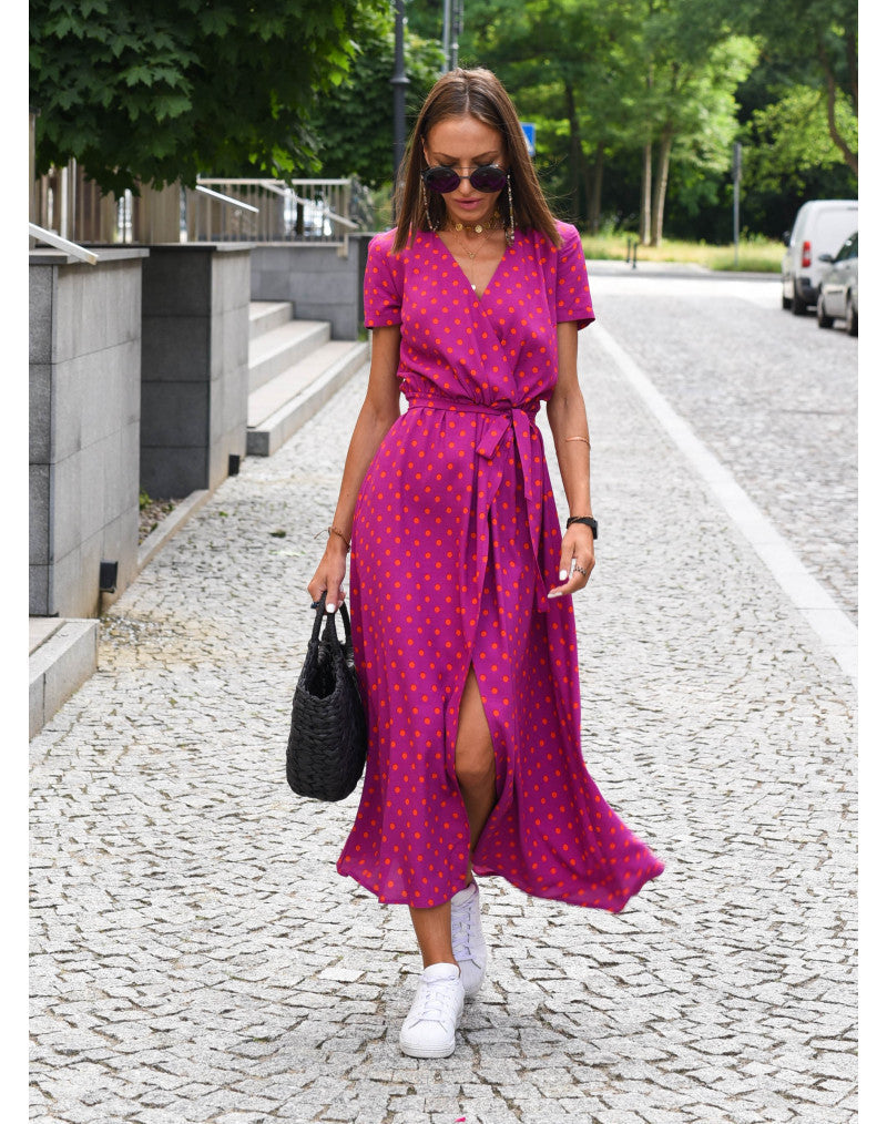 Comfy maxi dress, pink/blue-red floral, V-neck, tie waist, front slit