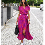 Comfy maxi dress, pink/blue-red floral, V-neck, tie waist, front slit