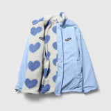 Light blue fleece jacket with blue heart print, full-zip, hood