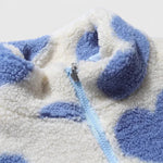 Blue heart-print sherpa fleece jacket front with zip and stand collar