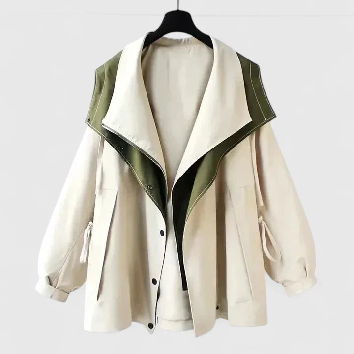 Rebekkah™ jacket in cream with olive inner panels, button front, long sleeves and pockets