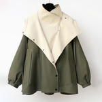 Rebekkah™ jacket in cream with dark green body, asymmetric button front, long sleeves