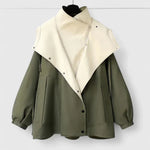 Rebekkah™ cream-and-olive jacket with asymmetric cream panel and button front, long sleeves