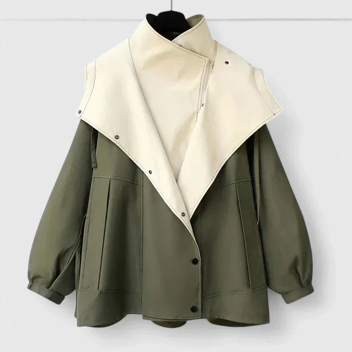 Rebekkah™ cream-and-olive jacket with asymmetric cream panel and button front, long sleeves