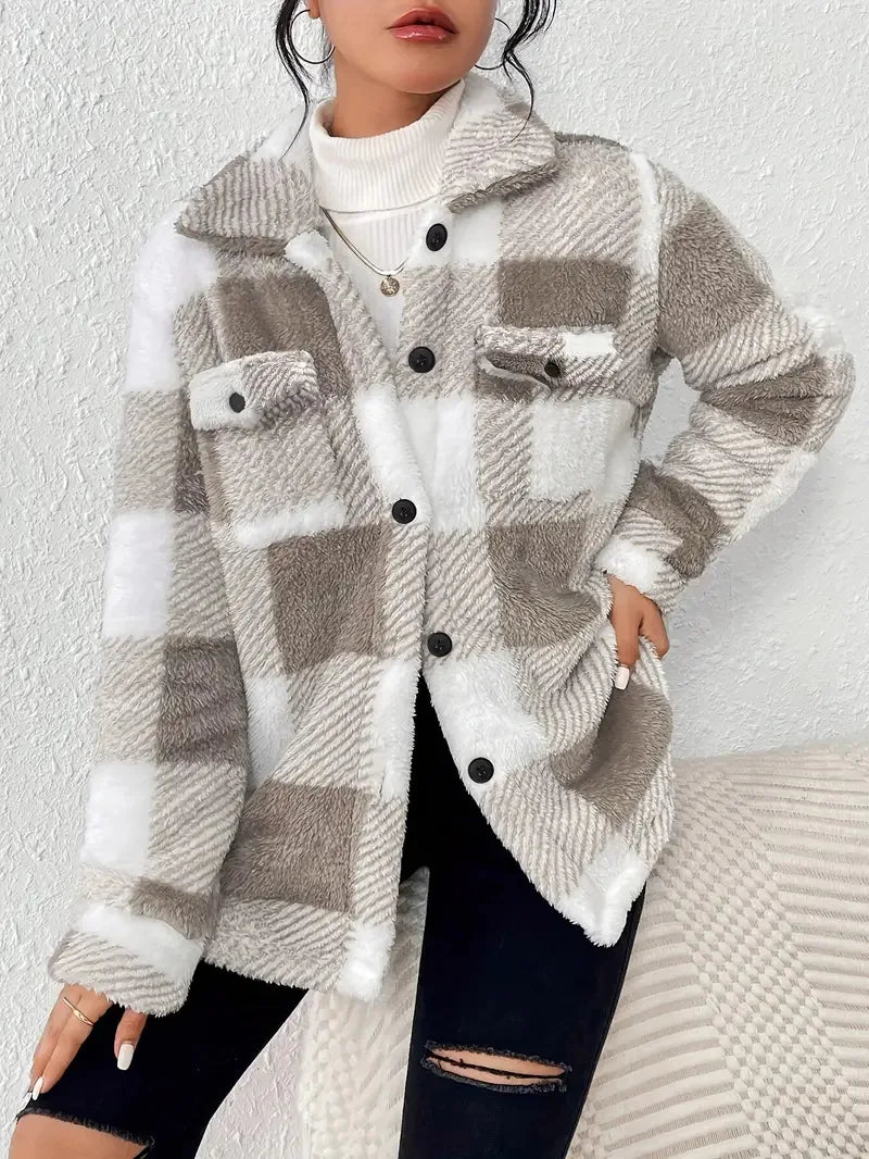 Plaid fleece jacket with black buttons, stand collar, chest flap pockets, light gray check