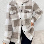 Plaid fleece jacket with black buttons, stand collar, chest flap pockets, light gray check