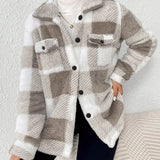 Plaid fleece jacket with black buttons, stand collar, chest flap pockets, light gray check