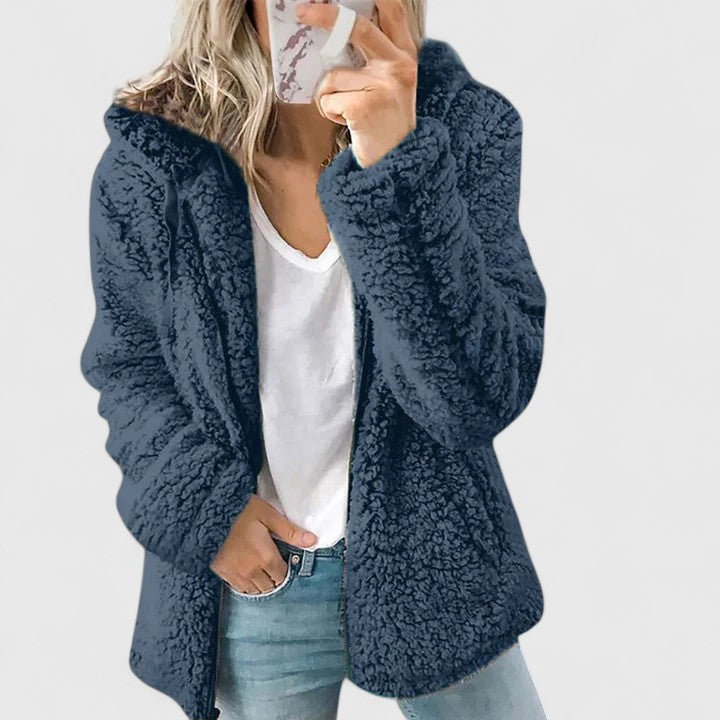 Blue plush sherpa hooded jacket, long sleeves, open front
