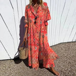 Bohemian maxi dress with red and patterned print, V-neck, button front, flutter sleeves
