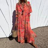 Bohemian maxi dress with red and patterned print, V-neck, button front, flutter sleeves