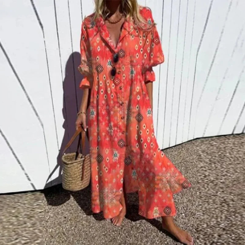Bohemian maxi dress with red and patterned print, V-neck, button front, flutter sleeves