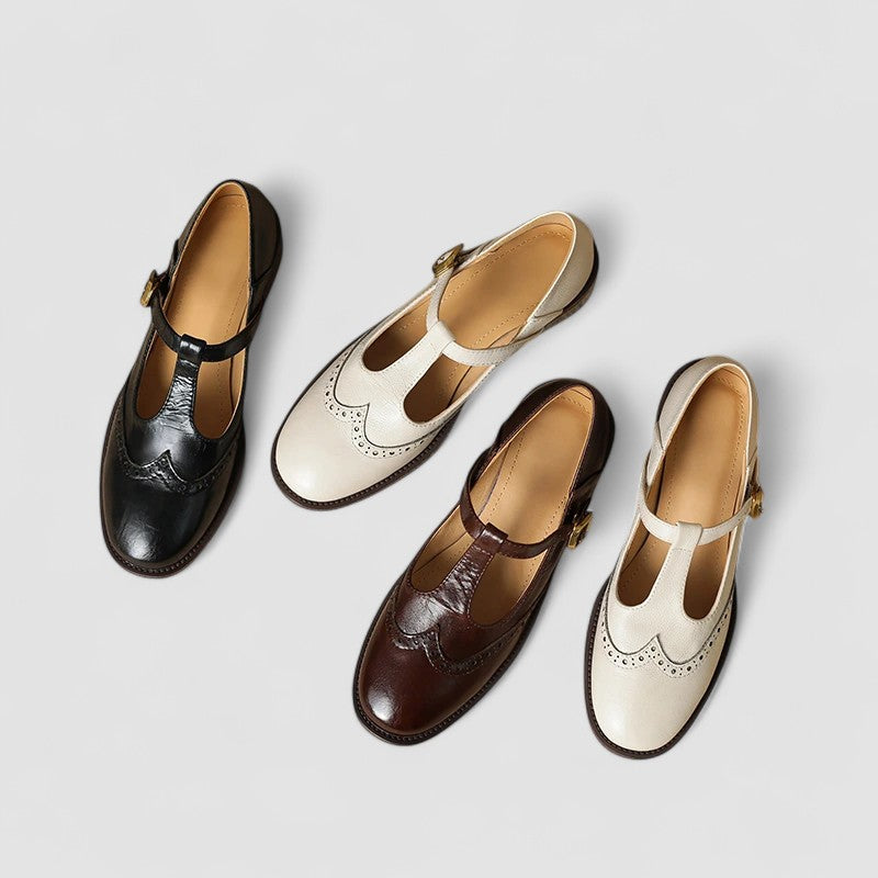 Mary Jane shoes in black, brown, and white/beige with buckle straps