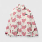 White fleece hoodie jacket with pink heart print, full-zip, pink accents