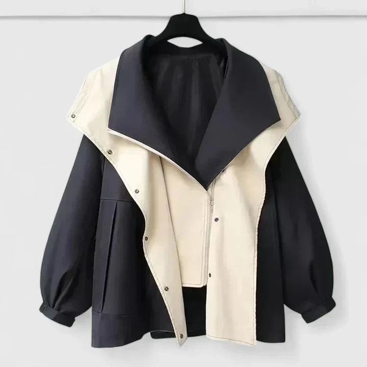 Rebekkah™ jacket in black with cream panel, asymmetric button front, long sleeves