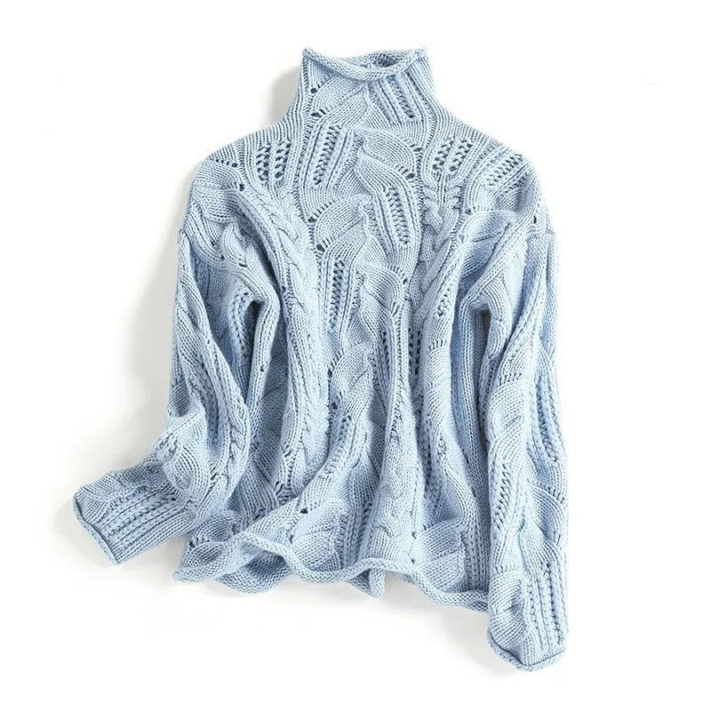 Light blue cable-knit pullover with high neck and long sleeves