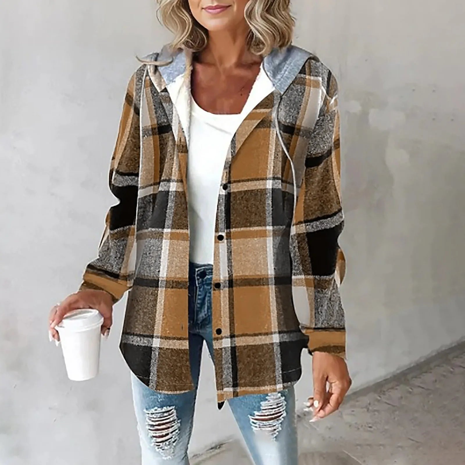 Plaid hooded jacket with button front, long sleeves, brown tan and gray block pattern