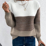 Ombre knit pullover in cream and warm taupe, ribbed crew neck, long sleeves