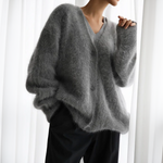Heather gray fuzzy cardigan with V-neck, button front, and wide sleeves